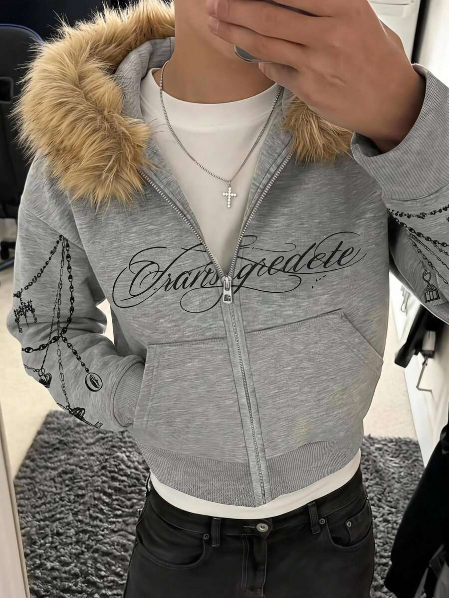 SHEIN 兒童青少年男孩休閒運動抓絨領連帽外套，灰色花卉圖案，秋季復古風，男孩夾克，冬季上衣，冬季外套，冬季穿搭