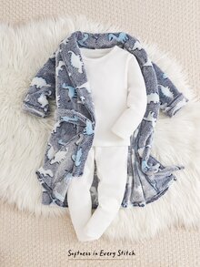 Cozy Pixies Kids Young Boy Casual Daily Comfortable Embroidered Dinosaur Pattern Plush Mid-Length Loungewear Robe - Blue and White - View 1