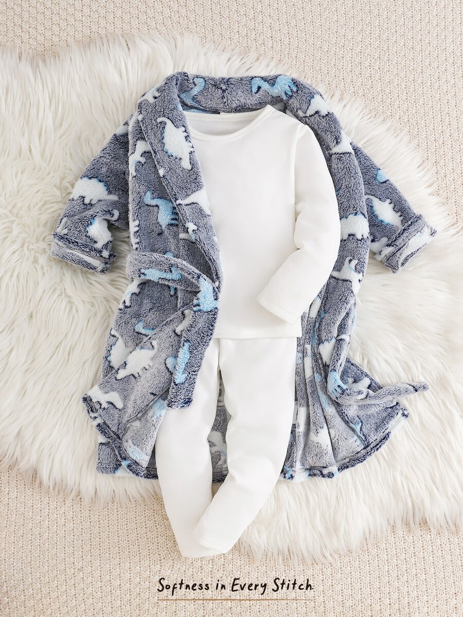 Cozy Pixies Kids Young Boy Casual Daily Comfortable Embroidered Dinosaur Pattern Plush Mid-Length Loungewear Robe - Blue and White - View 1