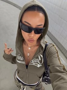 StreetHx 女款美式復古修身拉鍊連帽運動外套夾克 - 深灰色 - 查看 6