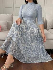 Dazy Plus Elegant Solid Color Stand Collar Top & Floral A-Line Skirt 2 Pieces Set, Early Autumn New Arrival - Blue - View 2
