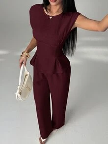 SHEIN PETITE 女款收腰百褶襯衫與寬腿褲兩件套 - 酒紅色 - 查看 2
