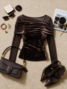 Franclia Plus Size Autumn/Winter New French Minimalist Sexy Vintage Mesh Velvet Ruched Faux Off-Shoulder Long Sleeve T-Shirt - Brown - View 4
