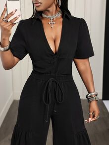 Slaydiva Women's V-Neck Drawstring Waist Short Sleeve Solid Color Denim Jumpsuit - Black - View 6