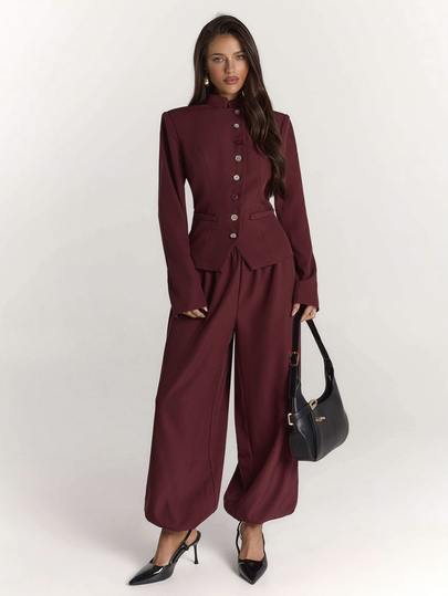 SHEIN BAE Kadın Bordo Dik Yaka Geniş Omuzlu Blazer ve Pantolon Takımı