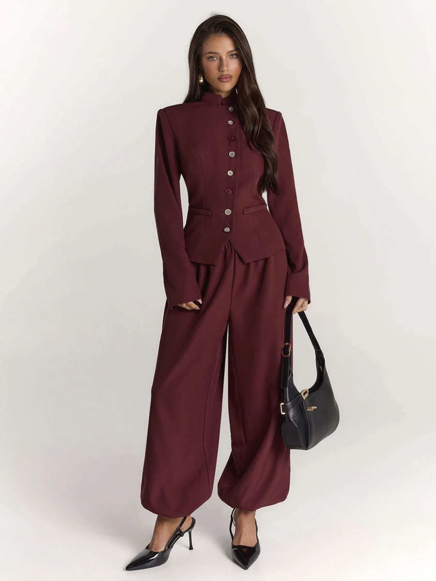 SHEIN BAE Setelan Blazer dan Celana Panjang Wanita Warna Burgundy dengan Kerah Tegak dan Bahu Lebar - Burgundy - View 1