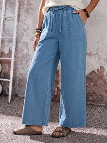 SHEIN MOD Women's Elastic Waist Drawstring Tie Pocket Denim Jeans - Light Wash - View 3