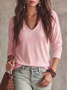 Selamara Women's New Autumn/Winter Best-Selling V-Neck Casual Versatile Long Sleeve T-Shirt - Baby Pink - View 4