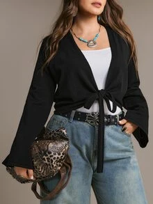 Freevana Black Tie-Front Wrap Top With Bell Sleeves, Cropped Open Cardigan, Boho Chic Layering Piece Winter - Black - View 1