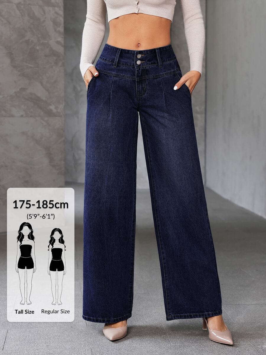 SHEIN Tall Celana Jeans Kaki Lebar dengan Kantong Miring - Biru - View 1