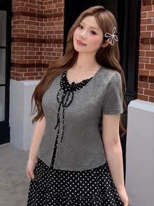 Bijouette Zanying Summer Plus Size Black And White Casual Elegant Sexy 2 In 1 Top Contrast Color Frill Trim Patchwork Polka Dot Inner Design Birthday - Grey - View 4