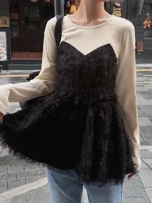 FRIFUL 女款法式風格流蘇亮片二合一長袖T恤 - 黑色 - 查看 1