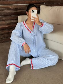 Dazy Plus Contrast Trim Cardigan Long Sleeve Top & Straight Leg Long Pajama Pants 2pcs Set Sleepwear Outfit - Baby Blue - View 5