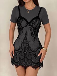SHEIN PETITE 女款蕾絲拼接休閒日常夏季迷你洋裝 - 深灰色 - 查看 5