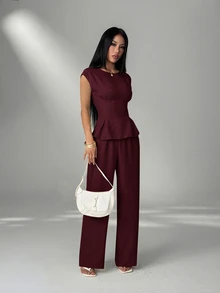 SHEIN PETITE 女款收腰百褶襯衫與寬腿褲兩件套 - 酒紅色 - 查看 9