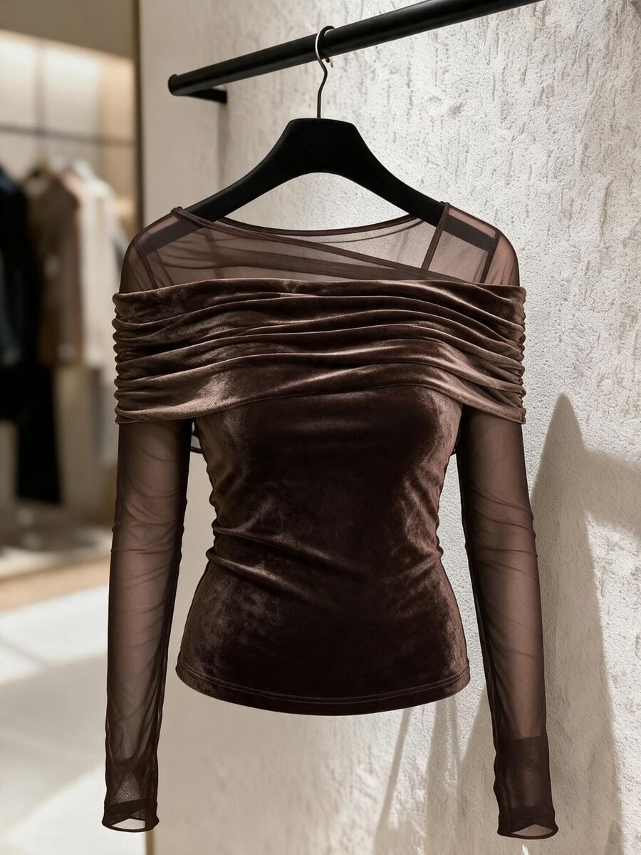 Franclia Plus Size Autumn/Winter New French Minimalist Sexy Vintage Mesh Velvet Ruched Faux Off-Shoulder Long Sleeve T-Shirt - Brown - View 1
