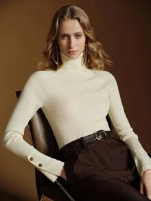 Anewsta Essential Women's Autumn/Winter Raglan Sleeve Ruched Neck Knit Top, Vertical Ribbed Elastic Slim Fit Cuff Button-Up Split Hem Long Sleeve Base Layer - Apricot - View 3