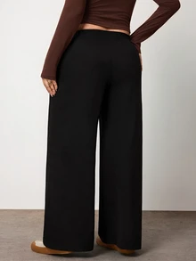 Enliva Plus Size Women's Cotton Blend Sweatpants High Waist Wide Leg Lounge Pants With Side Pockets,Apple,Rounded Body - Black - View 2