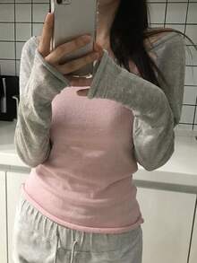 DAZY 女款不對稱肩拼接配色長袖韓系清新女孩毛衣 - 藕粉色 - 查看 4