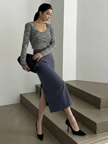 DAZY 女款直筒開衩裙，適合約會、度假、派對、日常穿著、聚會、戶外活動 - 霧霾藍 - 查看 4