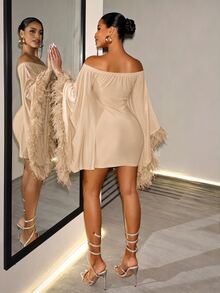 BamGleam Women's Solid Color Cold Shoulder Batwing Sleeve Faux Fur Patchwork Party Fashion Dress - Apricot - View 2