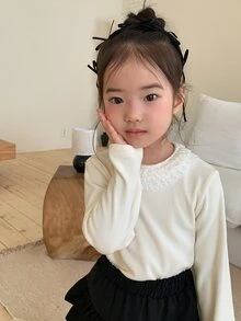DAZY Áo bé gái màu trơn cổ tròn phối ren thời trang đa năng - Màu be - Xem 8
