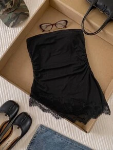 Comfortcana Plus Size Sleeveless Bandeau Split Pleated Solid Color Women's Top - Black - View 7