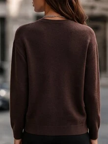 EMERY ROSE Round Neck Vintage Striped Metal Button Knit Cardigan Sweater Jacket Winter - Coffee Brown - View 2