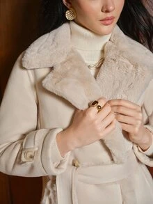 Anewsta Women's Autumn/Winter Beige Lapel Shearling Double-Breasted Tie Long Commuter Coat Jacket - Beige - View 2