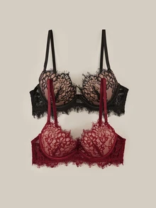 Bralution 2pcs/Set Molded Cup French Classic Sexy Lingerie Bra Set For Women - Multicolor - View 1