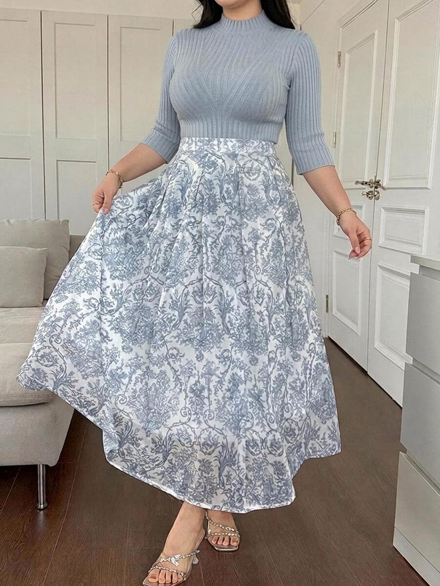 Dazy Plus Elegant Solid Color Stand Collar Top & Floral A-Line Skirt 2 Pieces Set, Early Autumn New Arrival - Blue - View 1