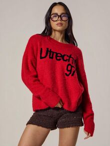 MUSERA Graphic Slogan Knit Drop Shoulder Fluffy Sweater Jumpsuit, Spring Casual Daily Wear For Girls, Cute Sweet Pea Spring Style - Red - View 1