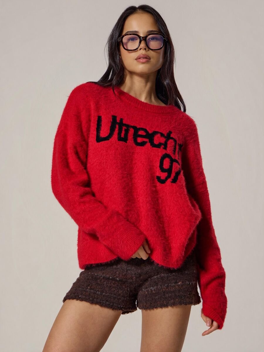 MUSERA Graphic Slogan Knit Drop Shoulder Fluffy Sweater Jumpsuit, Spring Casual Daily Wear For Girls, Cute Sweet Pea Spring Style - Red - View 1