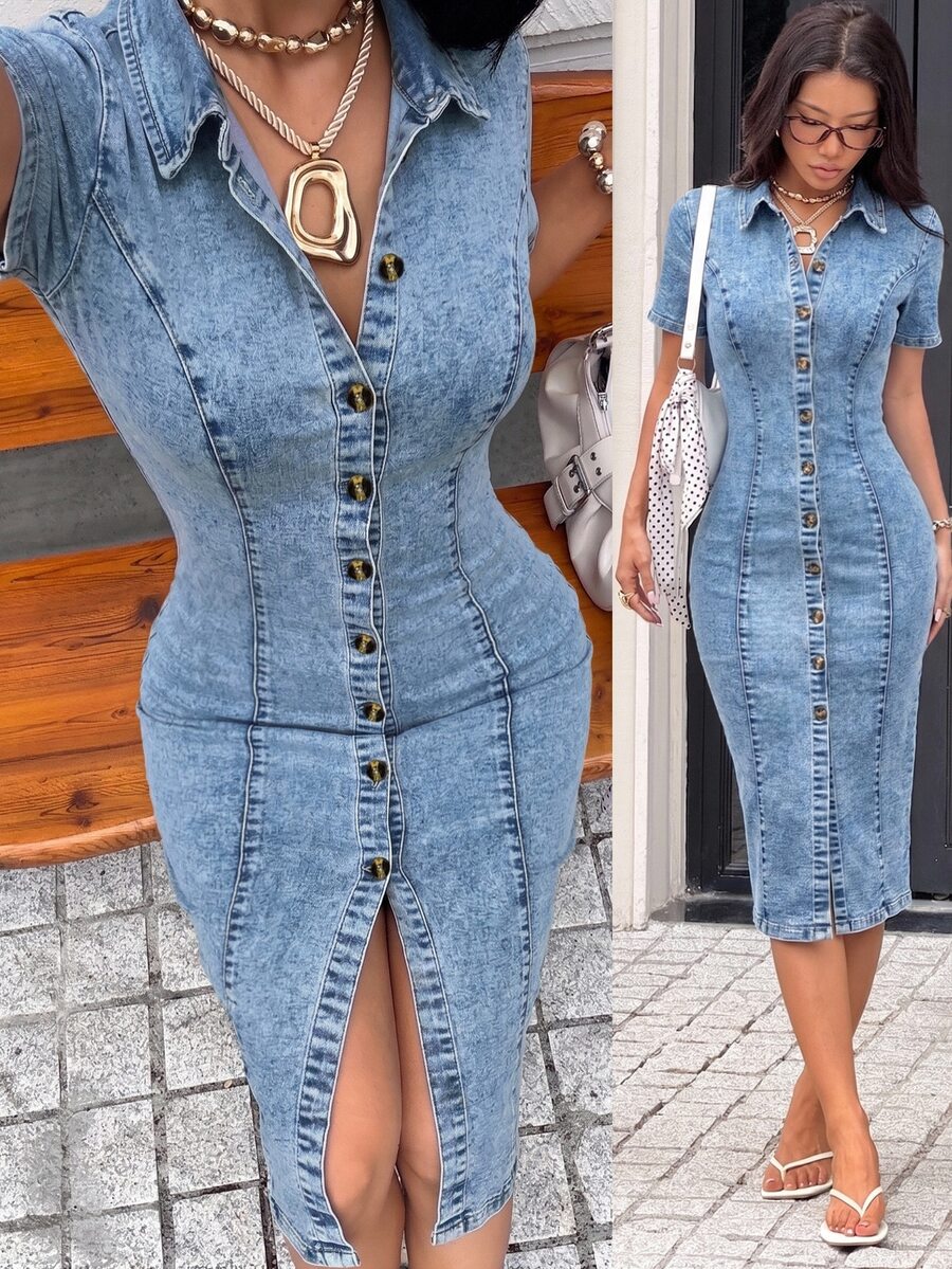 Rivivi Women's Collared Button Slim Fit Slit Washed Denim Dress - Blue - View 1