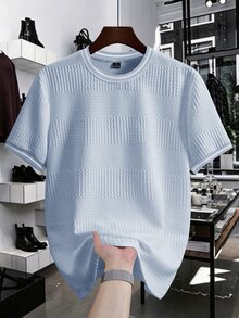 Manfinity Homme 男士針織提花素色紋理領口與袖口羅紋T恤 - 薄荷藍 - 查看 3