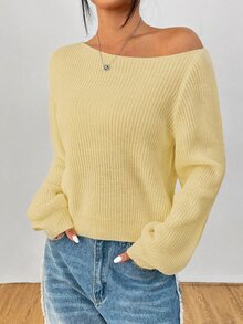 SHEIN PETITE 女款純色單肩休閒日常長袖針織衫 - 淡黃色 - 查看 7