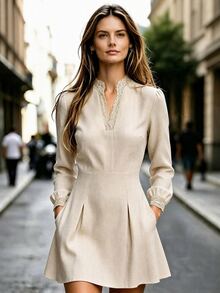 Balvessa Women's Short Dress, Lace Patchwork Long Sleeve Dress, Office Commute Dress, Casual Solid Color Short Dress - Apricot - View 3