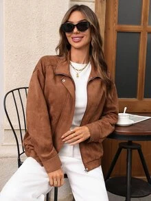 EMERY ROSE Women's Solid Color Long Sleeve Zip-Up Casual Regular Fit Jacket - Brown - View 3