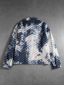 ROMWE MEN Digital Print Brand 3D Plaid American Vintage Bubble Check Tie-Dye 2 In 1 Shacket Unisex Double Layer Patchwork Gradient Old Blue & White Loose Lapel Workwear Jacket - Multicolor - View 2