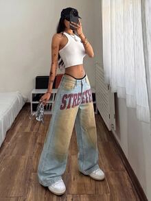 StreetHx Letter Graphic Washed Wide Leg Jeans - Blue - View 3
