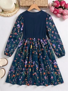 Tween Girls Dress, Navy Blue, Slim Fit, Casual Wear, Fashionable Versatile, Elegant, Floral, Ruffle, Party, Print, Autumn, Sweet - Multicolor - View 2