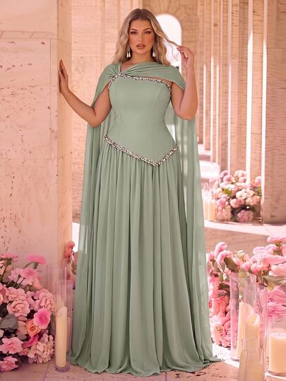 Glamrae Plus Size Elegant Luxurious Beaded Blue Bubble Diamond Decor Satin Patchwork Chiffon Ruched Oversized Skirt With Cape Sleeves, Suitable For Wedding, Party, Vacation, Festival, Music Festival, Graduation, Evening Gala Dress (Heavy Workmanship Style)