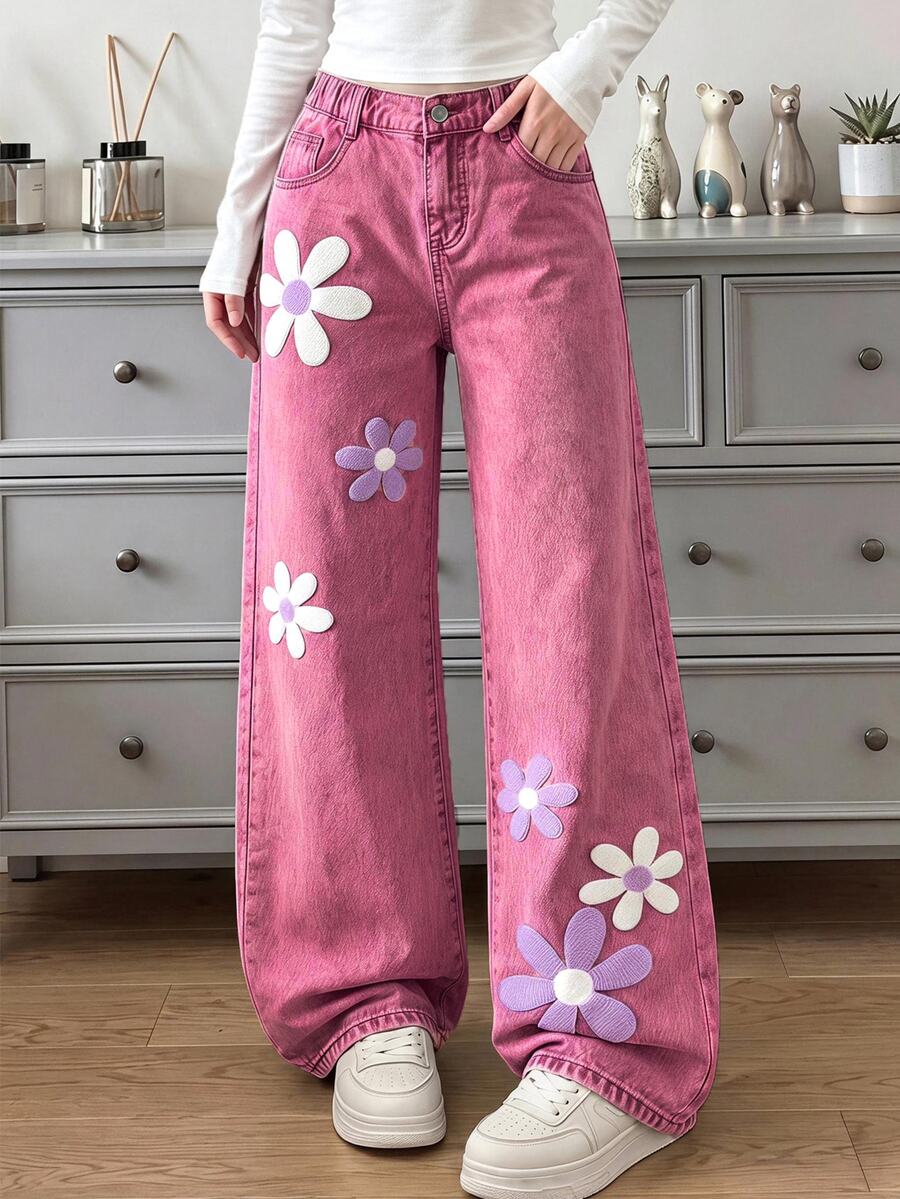 SHEIN ChillGRL Tween Girl New Fashion Snowflake Washed Distressed Design Embroidered Wide Leg Denim Jeans - Pink - View 1