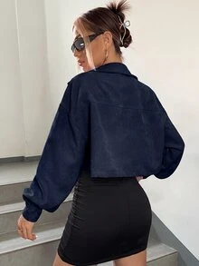 SHEIN EZwear 春秋穿搭落肩翻蓋設計短版燈芯絨夾克 秋冬款 - 藏蓝色 - 查看 2