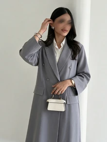 Yasveil Women Medium Grey Notched Lapel Double Breasted Fitted Waist Long Abaya Modest Muslim Dress Middle East Dubai Fall Office Elegant Robe - Grey - View 6