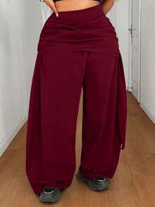 Maweii Women's Plus Size Vacation Ruched Waist Patchwork High Waist Wide Leg Pants Fall - Burgundy - View 4