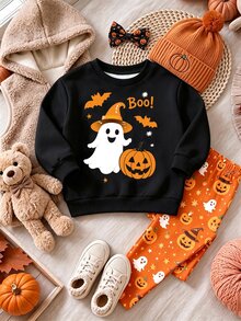Oo Cute To Spook 幼女萬聖節服裝，可愛幽靈娃娃與南瓜圖案內搭褲套裝（2件組），秋季穿搭系列 - 彩色 - 查看 3