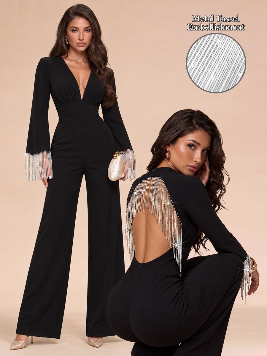 SHEIN Glamour Women's Black One-Piece Jumpsuit, Open Back Copper Chain Fringe, Fashionable & Minimalist - Black - View 1
