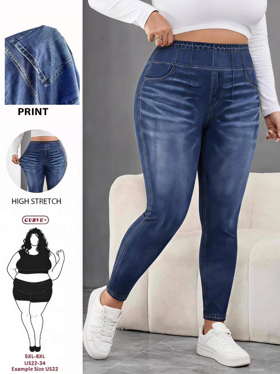 SHEIN CURVE+ بنطلون كاجوال مقاس كبير بجيوب وأزرار وتصميم ممزق بقصة ضيقة للارتداء اليومي، خريف وشتاء 2026 22W - الأزرق - مشاهدة 1