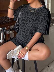 Muchica Plus Size Women Dark Gray Leopard Print Crew Neck Short Sleeve Top And Side Stripe Shorts Casual 2 Pieces Set - Dark Grey - View 6